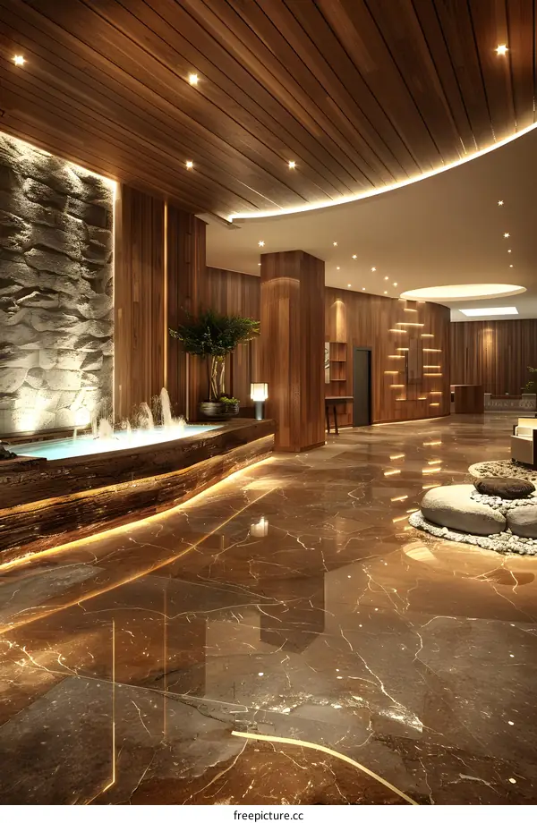 Luxury Hotel Lobby Interior Design with Wooden Wall and Fountain