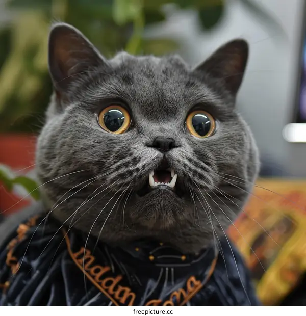 A gray cat with wide open eyes and mouth