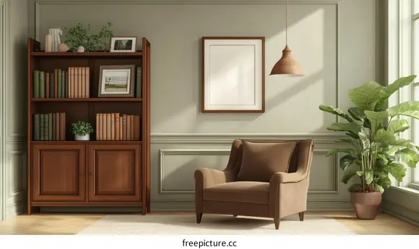 Elegant Reading Nook with Wooden Bookshelf