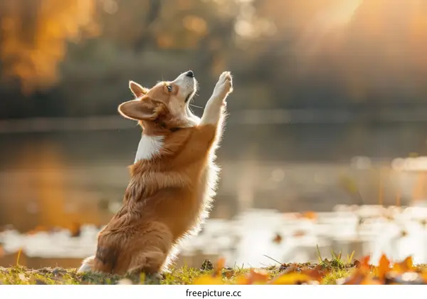 A cute dog is sitting on the grass and looking up at the sky