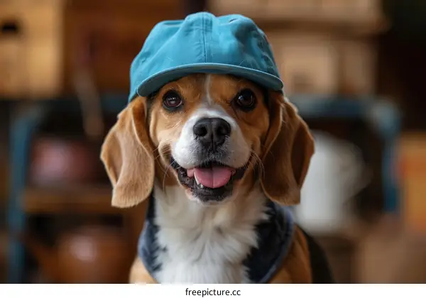 Playful Beagle Dog Wearing Blue Hat