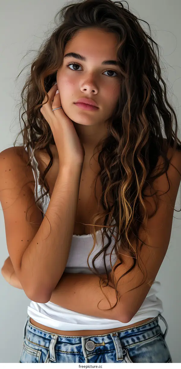 Portrait of a Young Woman with Long Curly Hair
