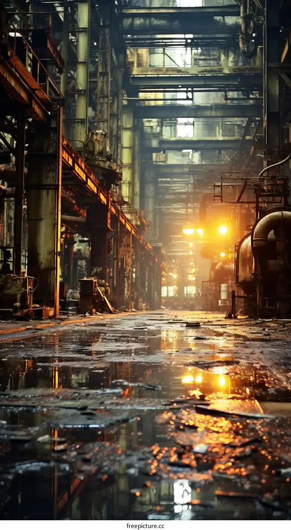 An abandoned factory building with water on the floor