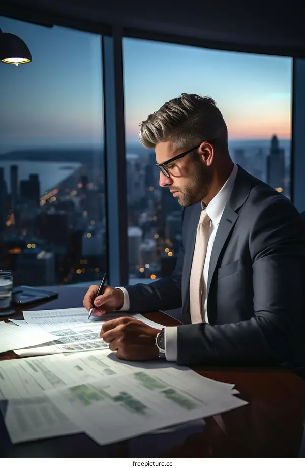 Business Person Working Late at Night in Office with City View