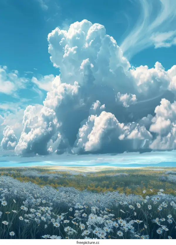 Vast Meadow with White Clouds and Flowers