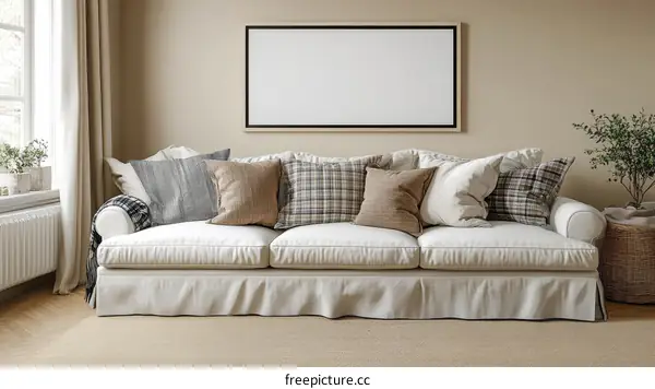 Cozy Living Room with White Sofa and Blank Canvas