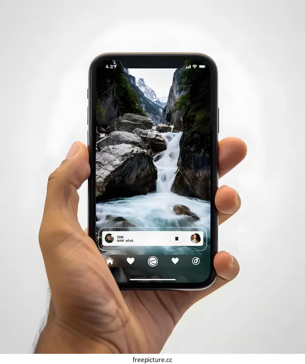 Hand Holding Smartphone With Waterfall Image On Screen