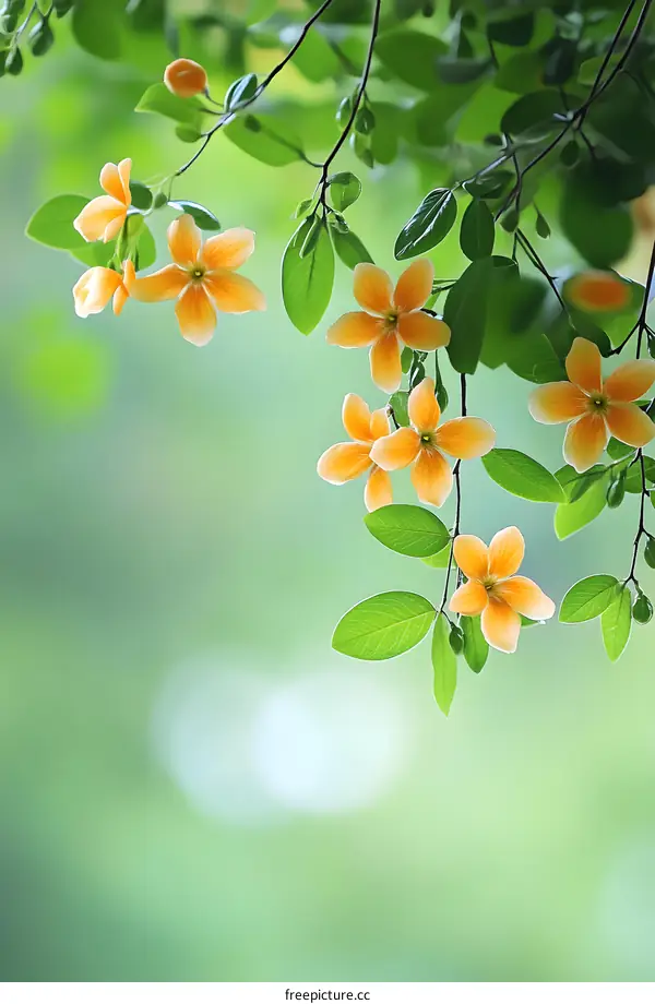 Orange Blossom Flowers on Branch with Green Leaves