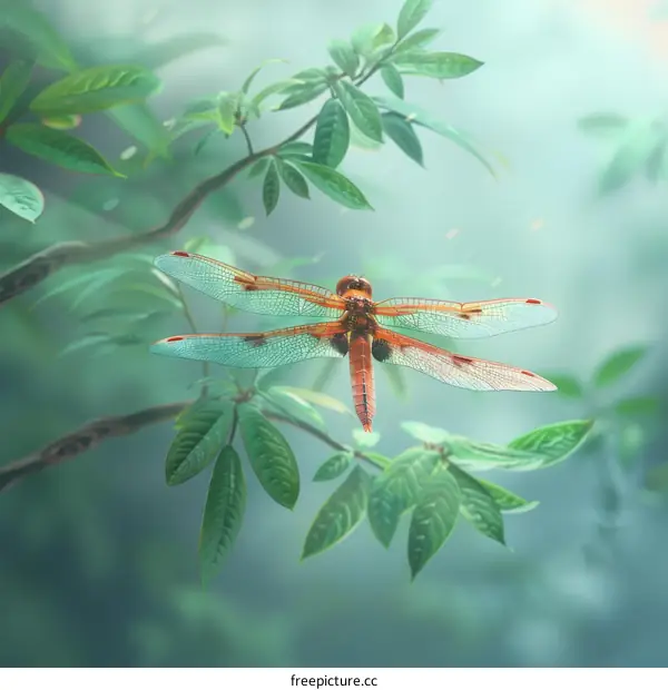 Dragonfly perched on a branch with green leaves