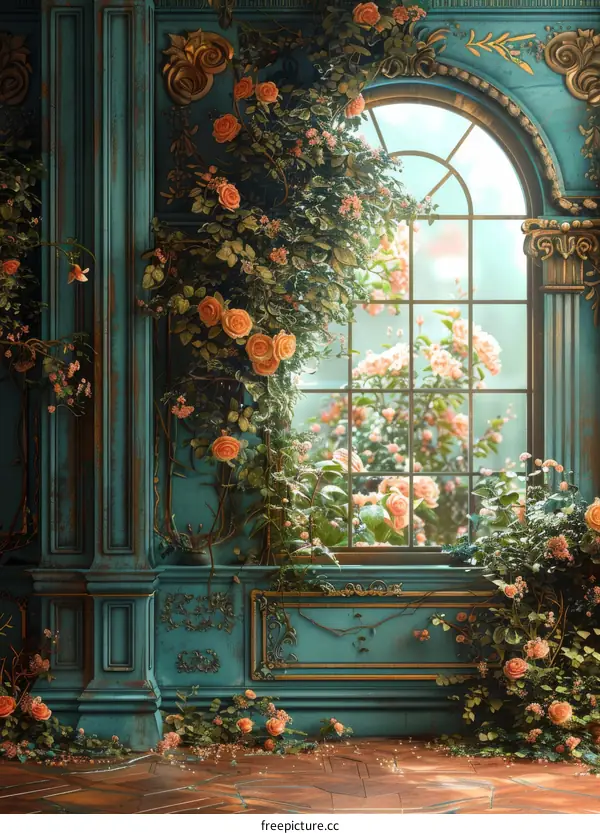 Ornate Window with Blooming Flowers