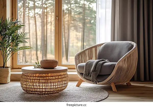 Cozy Modern Wooden Chair and Coffee Table by the Window
