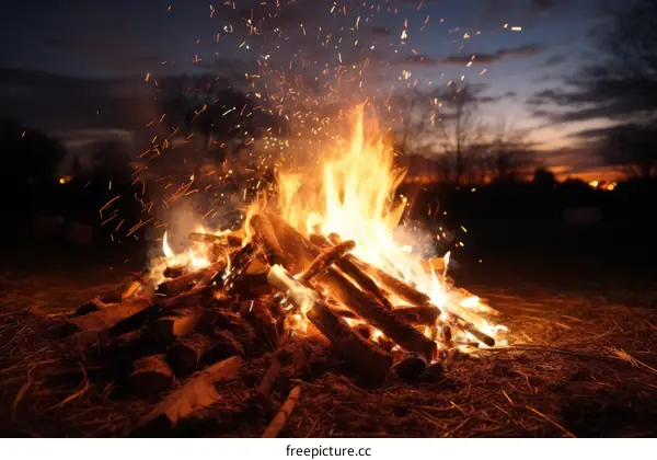 A Bonfire Blazes at Night, Sparks Flying into the Air
