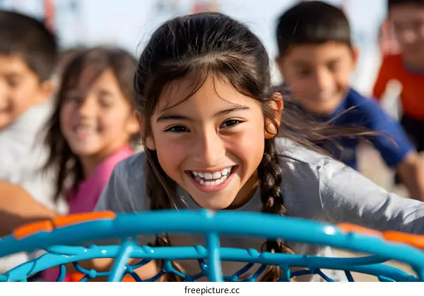 Happy Girl Smiling Behind Basketball Hoop at Playground