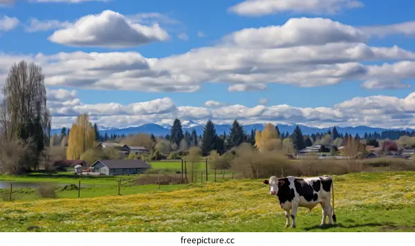 Cows Grazing on Lush Green Pasture with Stunning Mountain Landscape