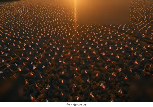 American flags planted in a field at sunrise