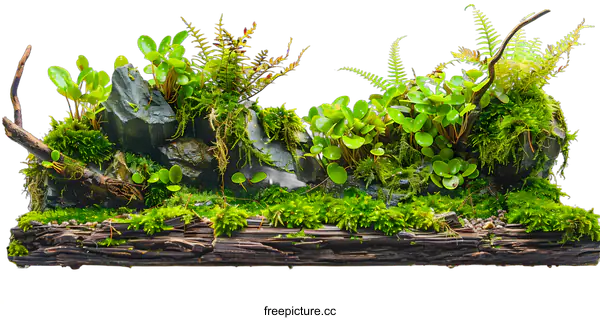 [Transparent Background PNG]Green Moss Terrarium with Rocks and Driftwood