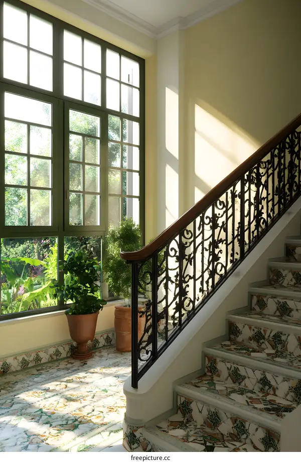 Ornate Staircase with Wrought Iron Railing and Green Tile Flooring