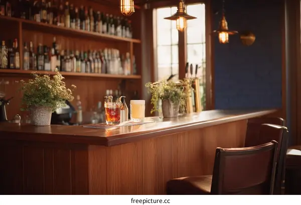 Wooden Bar with Drinks and Plants