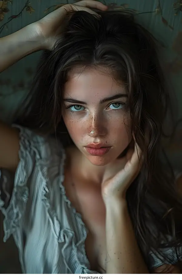 Portrait of a young woman with freckles and green eyes