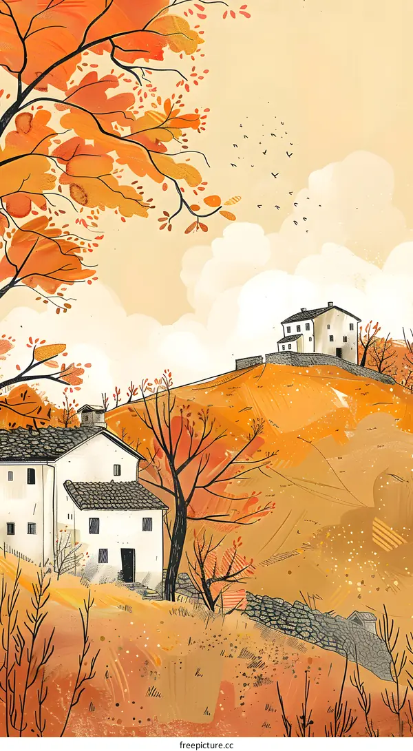 Autumn Landscape Illustration with Houses and Trees