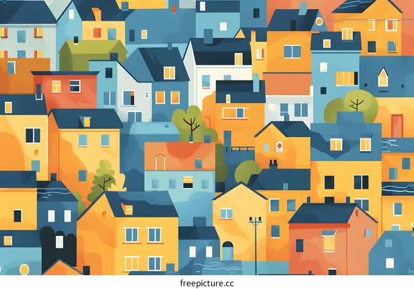 Colorful Illustration of a Town with Many Buildings