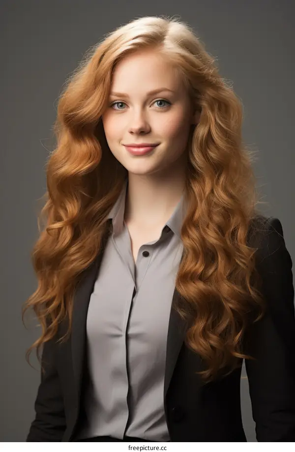 Portrait of a young woman with long red hair wearing a suit