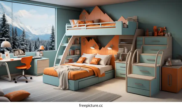 Bedroom with a bunk bed, desk, and storage space