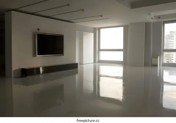 Modern Empty Room with Large Windows and a Flat Screen TV