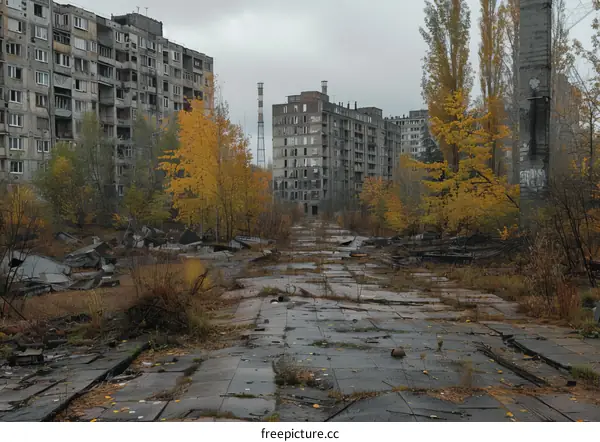 An abandoned city street with overgrown vegetation and dilapidated buildings
