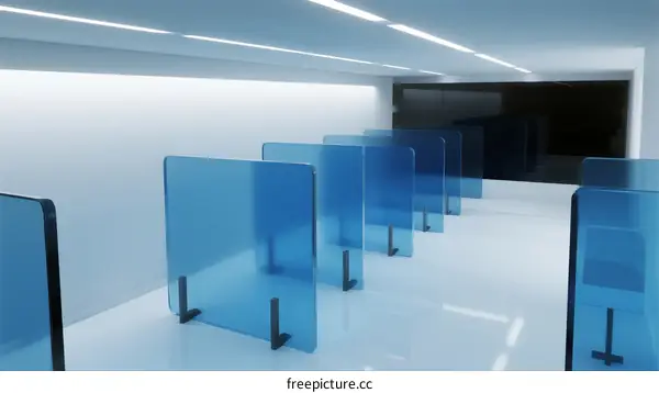 Modern Office Space with Transparent Blue Partitions and Clean Lines