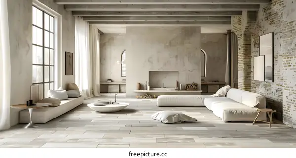 Modern Minimalist Living Room Interior Design with Exposed Brick Wall