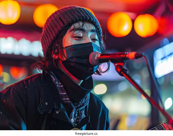 A musician wearing a mask is busking in the street