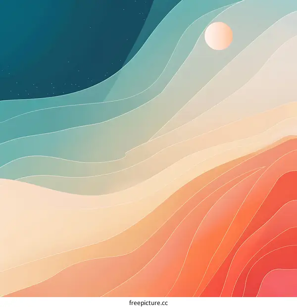 Abstract Landscape Illustration with Wavy Lines and Moon