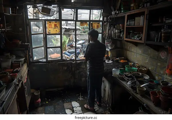 Man Looking Out Window in Messy Kitchen