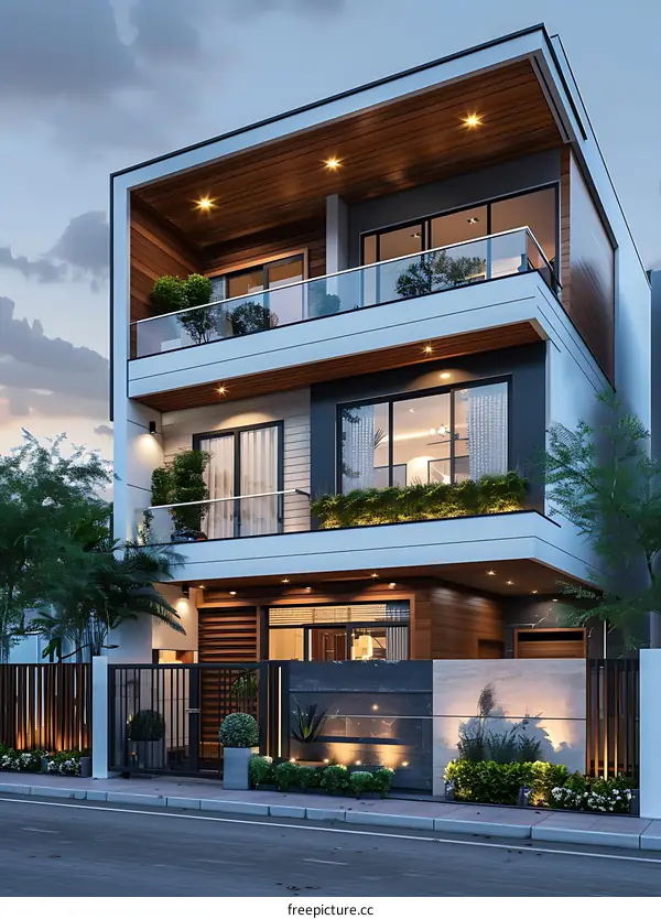 The beautiful exterior of a three-story house with a modern design