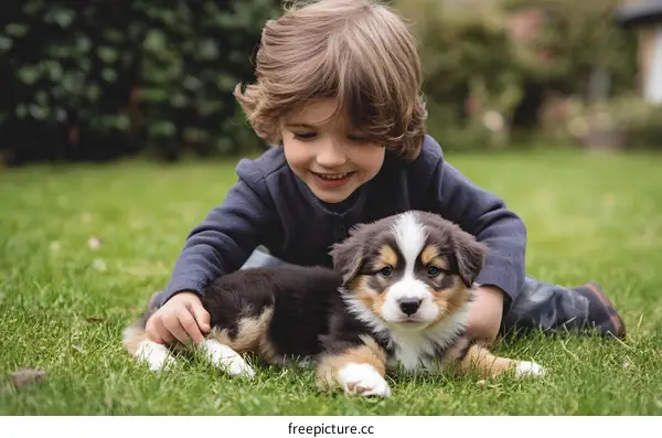 Boy Petting Adorable Puppy in the Grass