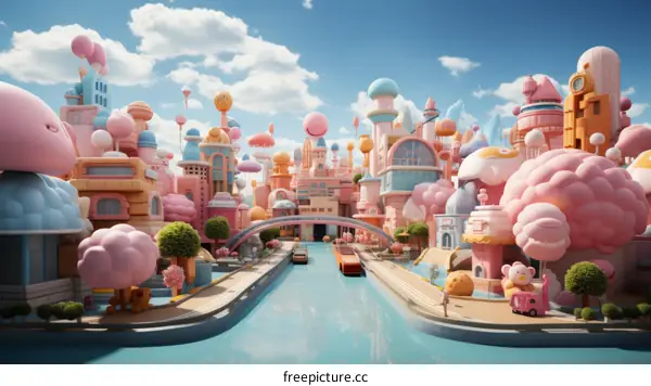 A whimsical digital illustration of a colorful cityscape with pink fluffy buildings and blue waterways
