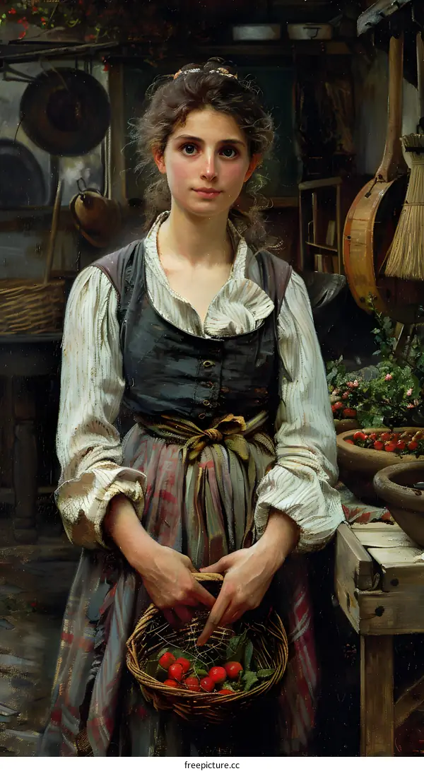 A beautiful young woman in a traditional dress is holding a basket of strawberries.