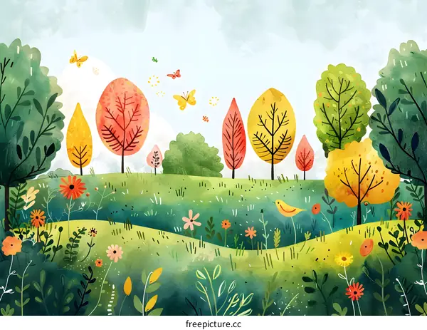 Colorful trees and flowers in a field