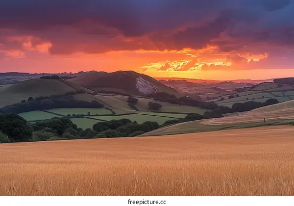 Sunset over rolling hills