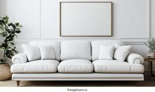 Elegant White Sofa Interior Mockup with Empty Frame