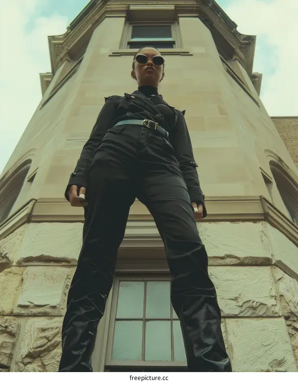 A woman in a black suit standing in front of a building