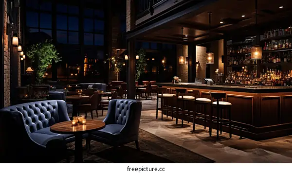 Elegant Hotel Bar with Blue Velvet Chairs