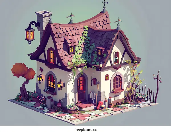 Charming Cottage with  Glowing Windows and Flowers