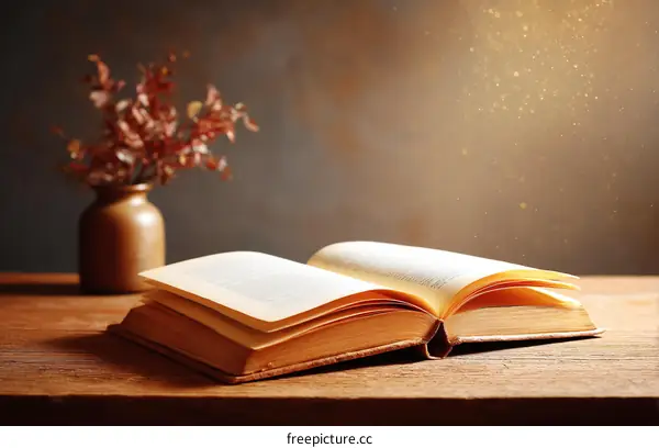 Open Book on Wooden Table with Dried Flowers