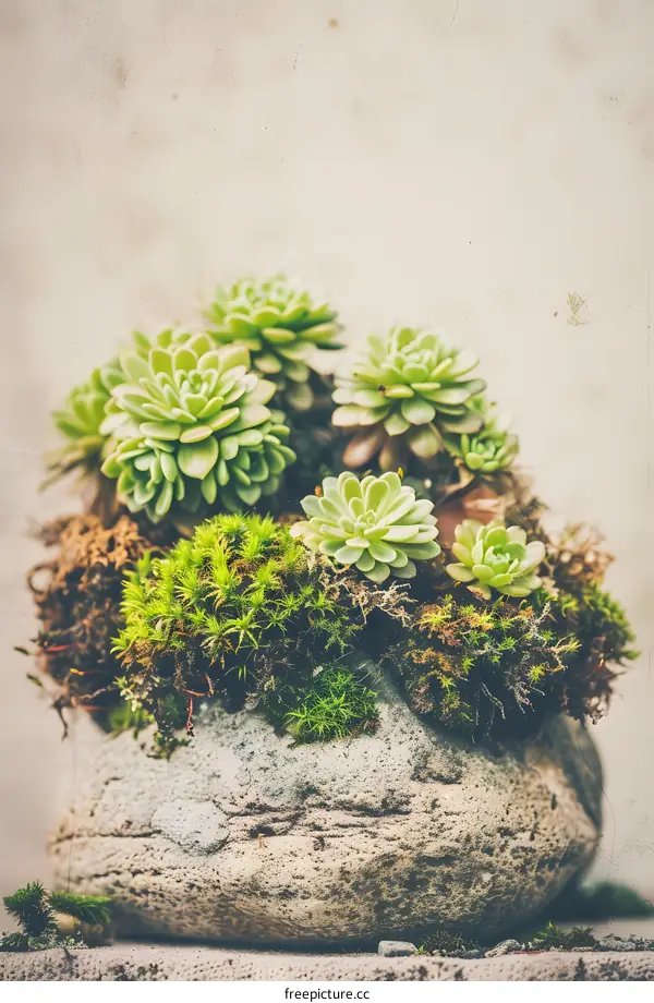 Succulents and Moss in Stone Pot