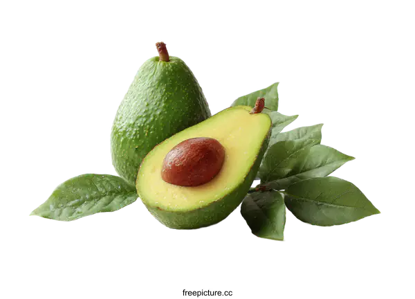 [Transparent Background PNG]Freshly Sliced Avocado with Green Leaves