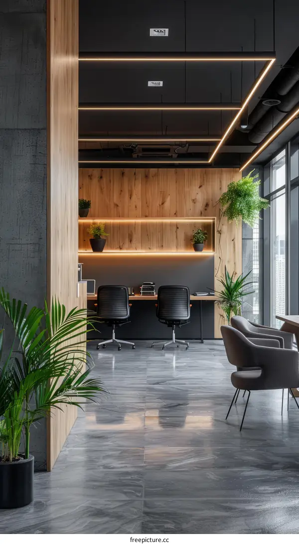 Office Interior Design with Wooden Wall and Marble Floor
