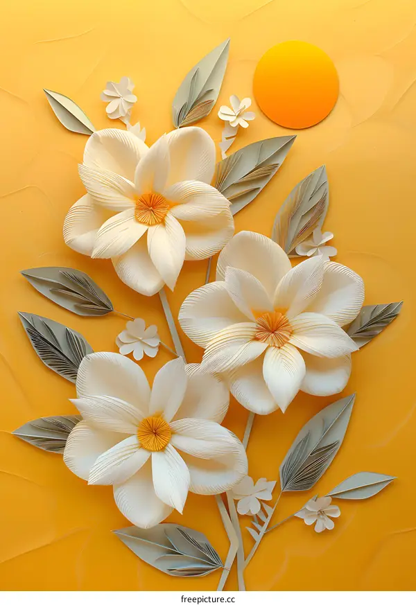 3D illustration of white and gray flowers and leaves on a yellow background