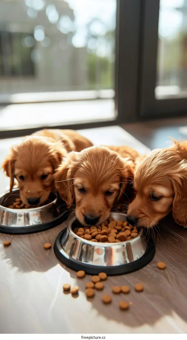 Three cute puppies eating from bowls